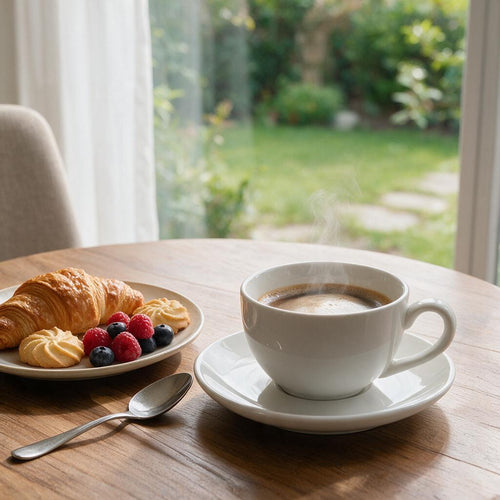 White Cappuccino Cup & Saucer — product detail and styling view 2