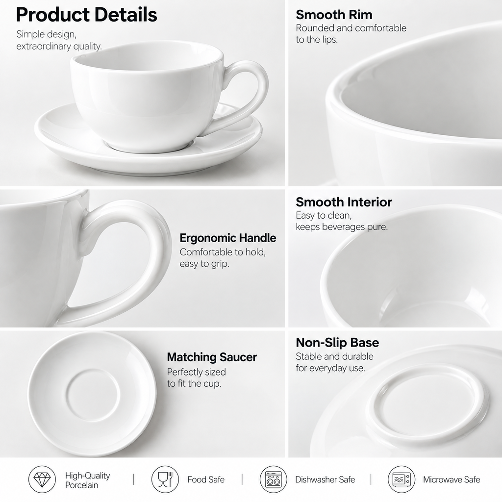 White Cappuccino Cup & Saucer — product detail and styling view 3