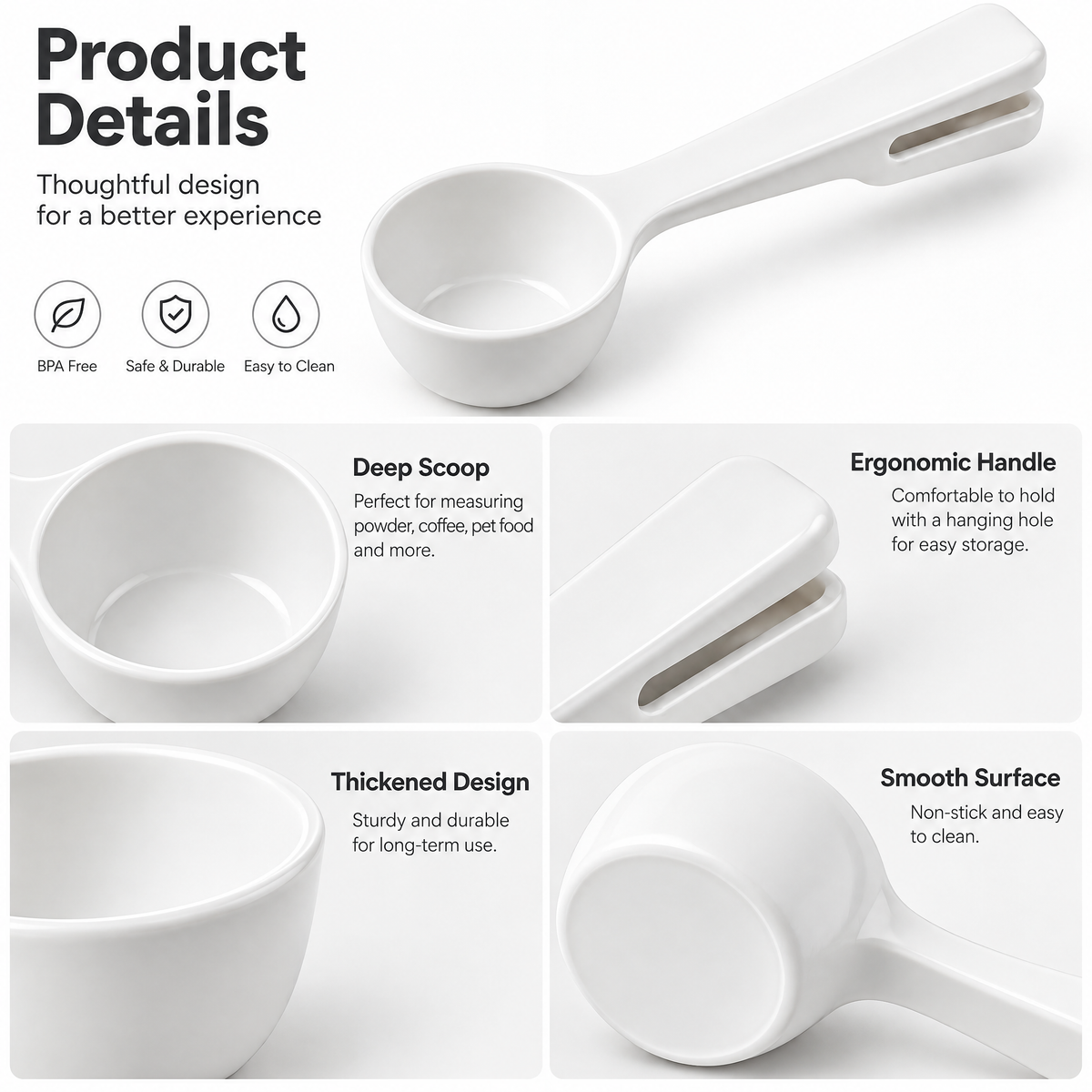 White Coffee Scoop with Bag Clip — product detail and styling view 3