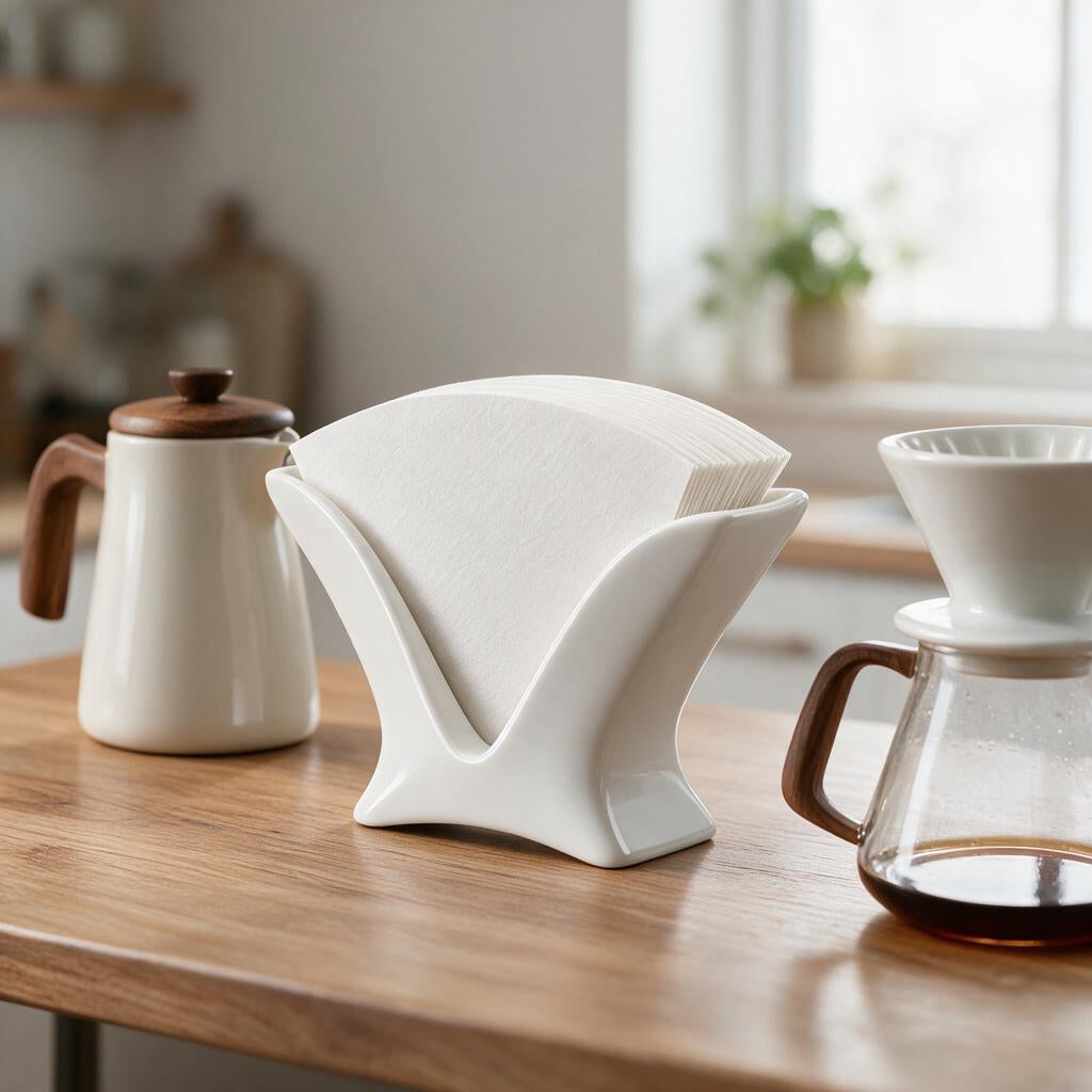 White Sculpted Coffee Filter Holder — product detail and styling view 2