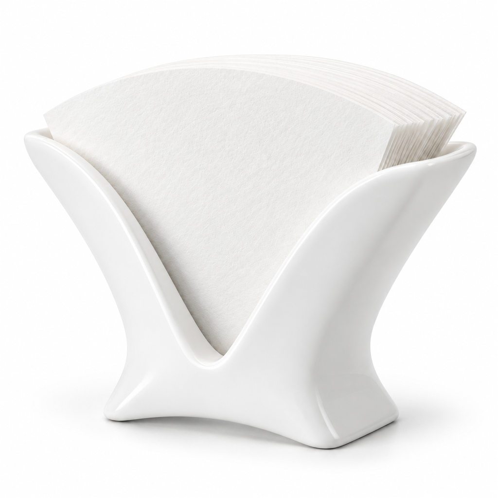 White Sculpted Coffee Filter Holder — product detail and styling view 4
