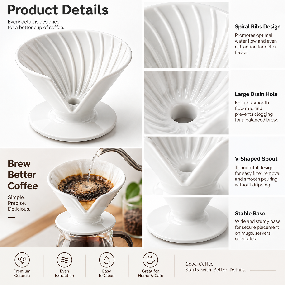 White Spiral Coffee Dripper — product detail and styling view 3